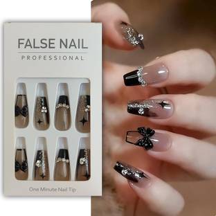 S.A.V.I 24 PCS Black Coffin Nails - 3D Bowknot Design - Reusable Press-On Set Black