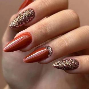 The Pink Truck Set of 24 Artificial Reusable nails in Rust with golden Design with glue Rust, Golden