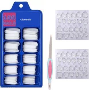 glambelle Artificials Nails with Nail Filer & 2sheet Nail glue sticker WHITE