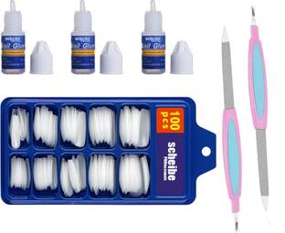 STEEL BANGLEZ 100 pcs White Nails, 3 pcs Nail Glue and 2 pcs Nail Filer Multicolor