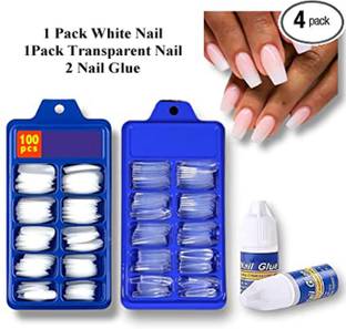 APPLICCA Full Cover Artificial Nails Set, Acrylic Nails Set, Nail Extension + Nail Glue White, Transparent