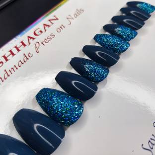 Shhagan Prussian Blue Glitter Ombre Designer Artificial Press-on-Nails with Glue 678 Multicolor