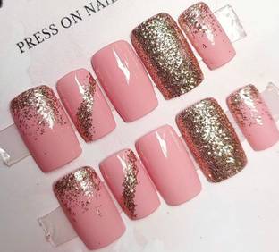 AMOK STORE fake nails with glue, nail extension tips , false nail, nail art kit, Gold & Pink