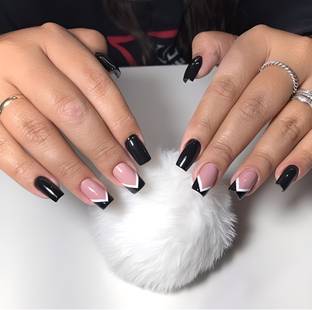 Shhagan French Black & Artificial/Fake Press on Nails for girls & Women Black, White, Multicolor