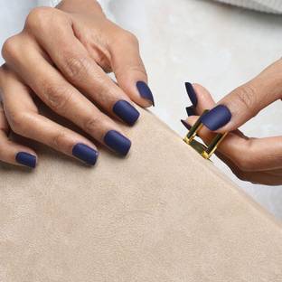 Lick - Press on Nails 24 Pcs Matte Blue Reusable Stick on False/Artificial Nails With Application Kit Square Shape Navy Blue
