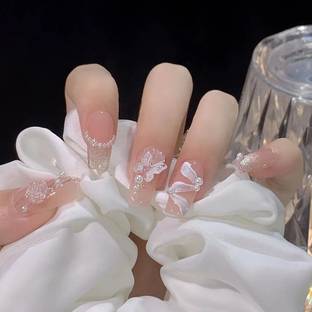 KILLFE Artificial Reusable Nails 24Pcs Butterfly With Double-side Glue Sticker Peach, Glod
