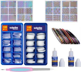 Scheibe 100 White Nails 100 Transparent Nail 2 Glue 1 Filer 4 Tape and 4pc Sticker Multicolor
