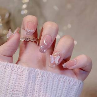 KILLFE Artificial Reusable Nails 24Pcs Butterfly With Double-side Glue Sticker Peach, Pink, Glitter