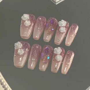 The Pink Truck Set of 24 Artificial reusable Nails in Purple with flowere Design with glue Purple