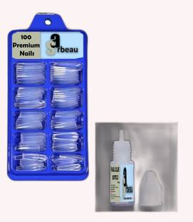 Sarbeau 200-Pcs Artificial Nails Set - 100 White & 100 Transparent and 2 Nail Glue_C_006 Transparent