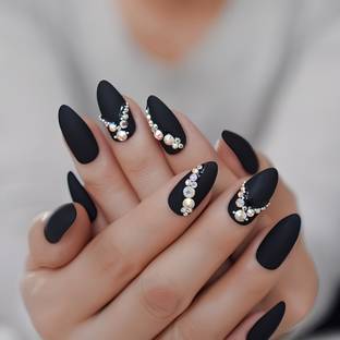 The NailzStation fake artificial designer nails extension press on nails bridal for wedding glue black