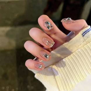 KILLFE Artificial Reusable Nails Silver Crystal Décor With Double-side Glue Sticker Peach, Sliver