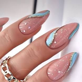 The NailzStation Swirls Artificial nails Designer Acrylic Fake Press on art with glue kit Blue