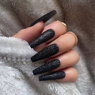 The NailzStation Glitter Fake Artificial Press on Nails with glue application kit Black