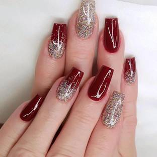 The NailzStation Glitter ombre Designer Fake Nails with glue application kit Maroon