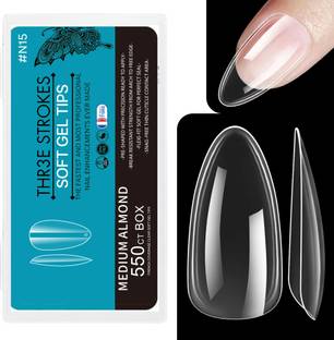 THR3E STROKES Medium Almond Soft Gel Nail Tips Full Cover Clear Soft Nail Tips for Artificial False Nails Extension | Nail Salons DIY Nail Art with Box (Clear)