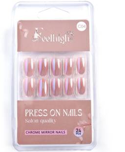 feelhigh 24 Press On Chrome Mirror Finish Nails Tips Natural Reusable Stick on Nails 04