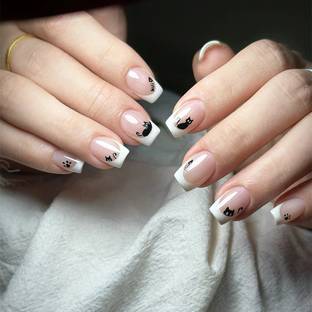 NAKHI 24 Reusable Artificial Nail Set Base Peach colour Black cat Design Glossy Nails Peach