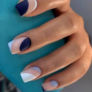 Shhagan Designer High Quality Press on nails-801 Navy Blue, White, Nude