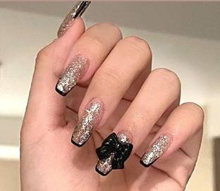 SECRET LIVES Designer artifical reuseable extension beautiful fake nails Long light pink designer 3D bow artifical glitterwith glue sheet convinent than manicure