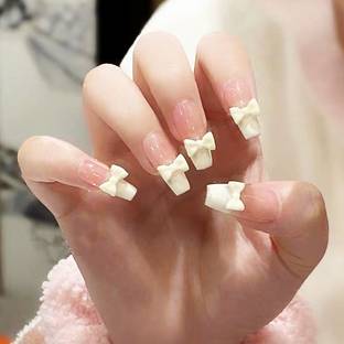 The Pink Truck Set of 24 Artificial Reusable Nails in French Tip with Bow design with glue Cream