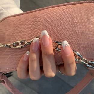 NAKHI 24 Reusable Artificial Fake Nail Set|Peach White Design With Diamond Short Nails Peach
