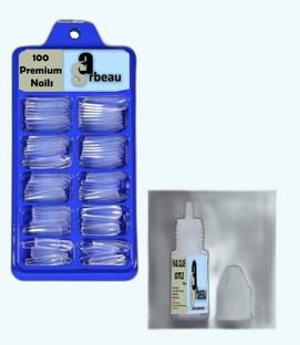 Sarbeau 200-Pcs Artificial Nails Set - 100 White & 100 Transparent and 2 Nail Glue_C_005 Transparent