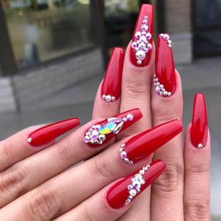 The NailzStation Red Studded Bridal Fake Nails with glue application kit Red