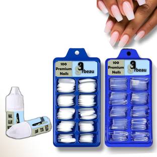 Sarbeau 200-Pcs Artificial Nails Set - 100 White & 100 Transparent and 2 Nail Glue Combo Transparent, White