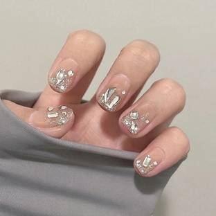 KILLFE Artificial Reusable Brocken Crystal Décor Nails With Double-side Glue Sticker Peach, Glitter