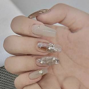 KILLFE Artificial Reusable Nails 24Pcs Set white milk color silver Parten. Multicolor