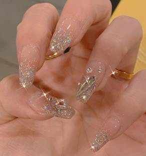 KILLFE Artificial Reusable Nails 24Pcs Set Crystal Décor With Glue & Sheet Pink Glitter
