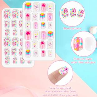 Ghelonadi Girls Press on Nails Fake Nails Artificial Nail Tips Children Short False multicolour
