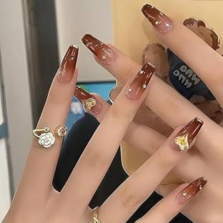 SECRET LIVES Translucent Brown Artificial Fake False Brown & 3D Golden Studs and Golden Glitters Press on Nails, with Kit