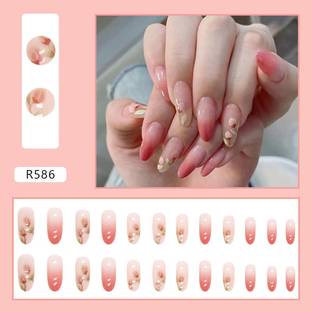 The Pink Truck Set of 24 Artificial Reusable nails in Tomato Cherry Blossom design with glue Red