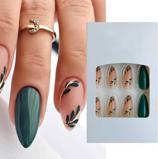 S.A.V.I 24 PCs - Nude Green Leaf Print Press-On Nails, Long Almond Shape, Mani Nude Green