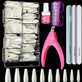 KIRA Fake Coffin Nail Tips With Glue Buffer Nail Brush and Clipper Set for Women, White