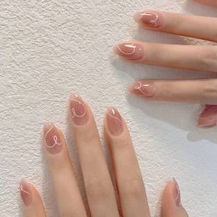 KILLFE Artificial Reusable Nail White Heart Pattern Décor With Double-side Glue Sticker Peach