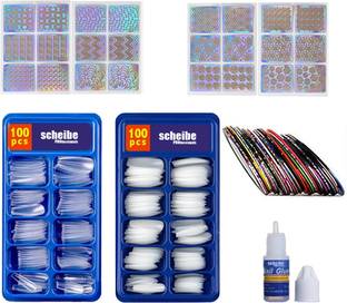 Scheibe 100 White Nails 100 Transparent Nails 1 Nail Glue 4 Nail Tape and 4pc Stickers Multicolor