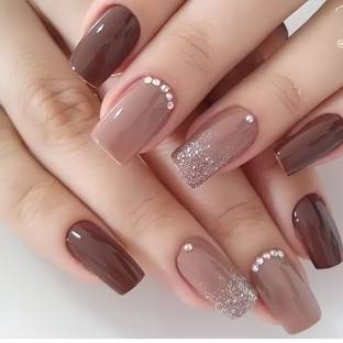 Shhagan Studded Fake Artificial Press on Nails with glue application kit Brown Multicolor