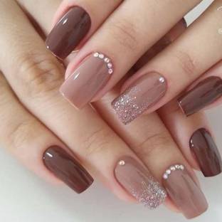 The NailzStation Studded Fake Artificial Press on Nails with glue application kit Brown