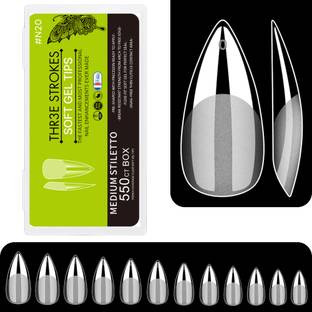 THR3E STROKES Medium Stiletto Soft Gel Nail Tips Full Cover Clear Soft Nail Tips Artificial False Nails Extension | Nail Salons DIY Nail Art with Box (Clear)