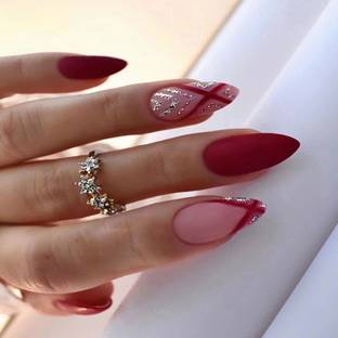 The Pink Truck Set of 24 Artificial Reusable Nails in Pink Red with silver design with glue Pink, Red
