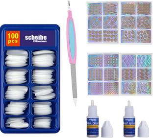 Scheibe 100 pcs White Nails,2 Nail Glue, 4 Nail Sticker and Nail Filer White