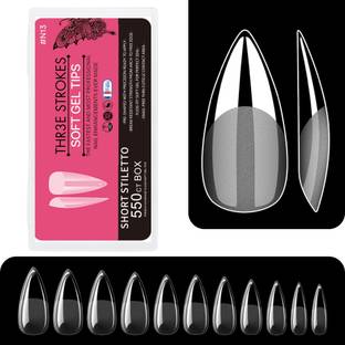 THR3E STROKES Short Stiletto Soft Gel Nail Tips Full Cover Clear Soft Nail Tips for Artificial False Nails Extension | Nail Salons DIY Nail Art with Box (Clear)