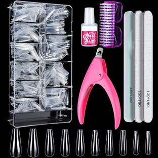 KIRA Fake Coffin Nail Tips With Glue Buffer Nail Brush and Clipper Set for Women, Transparent
