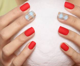 Lick - Press on Nails Artificial NailsSet Matte Red Matte Red With Checkred Light Blue