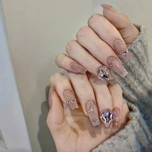 KILLFE Artificial Reusable Nails 24Pcs Set peach color pink crystal heart Parten Multicolor