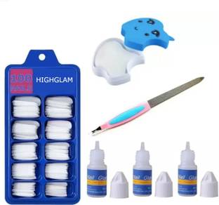 HIGHGLAM 100 nails with 3 Glue with 1 nail filer with 1 nailpolish remover wipes off white