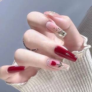 KILLFE Artificial Reusable Nails 24Pcs Set Dark red color glitter flower Parten. Multicolor